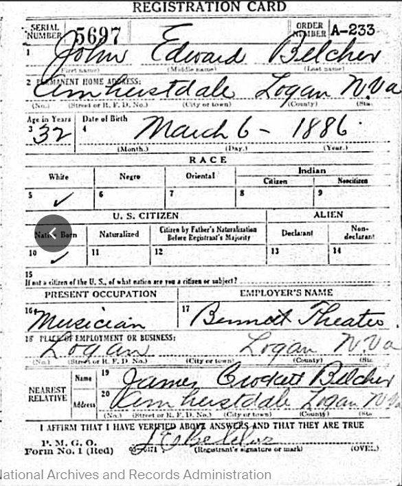 Ed Belcher 1918 Draft Card listing him as a musician in the employ of Bennett Theatre